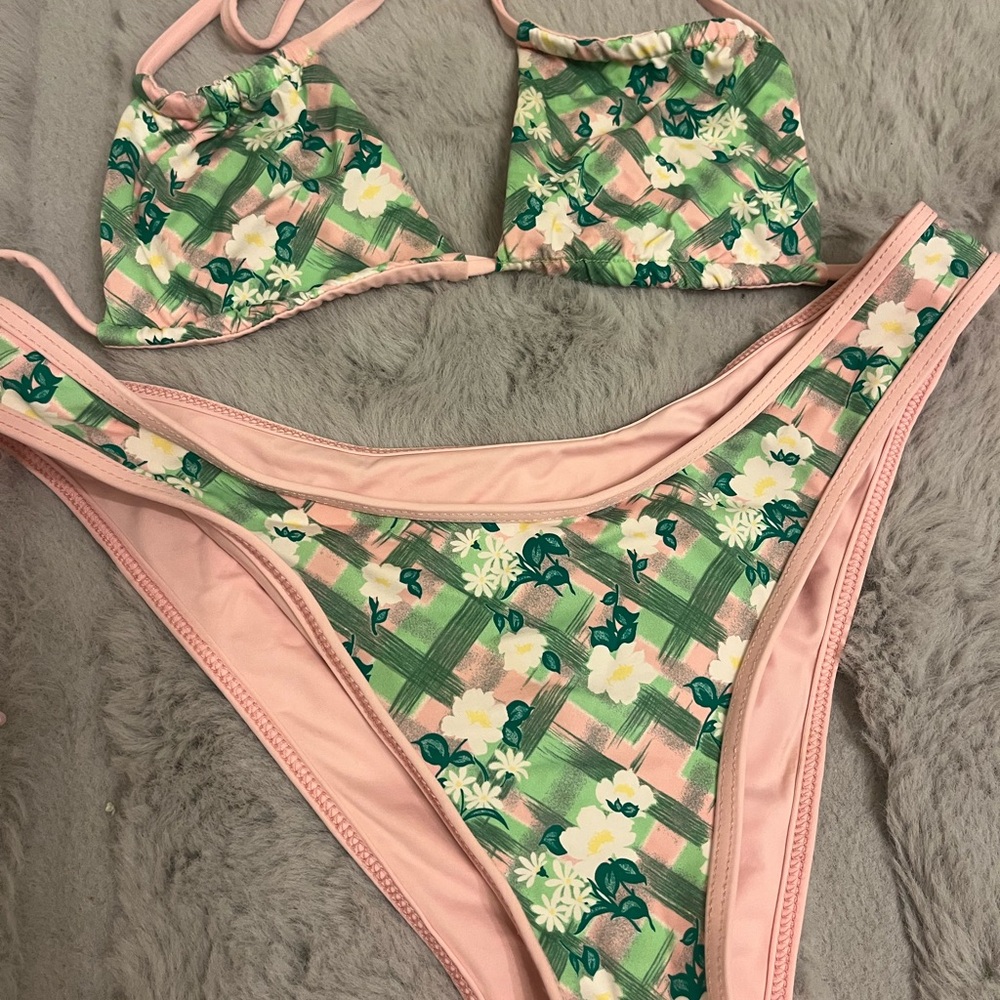 Frankie's Bikinis Pink and Green Floral Two-Piece Bikini
